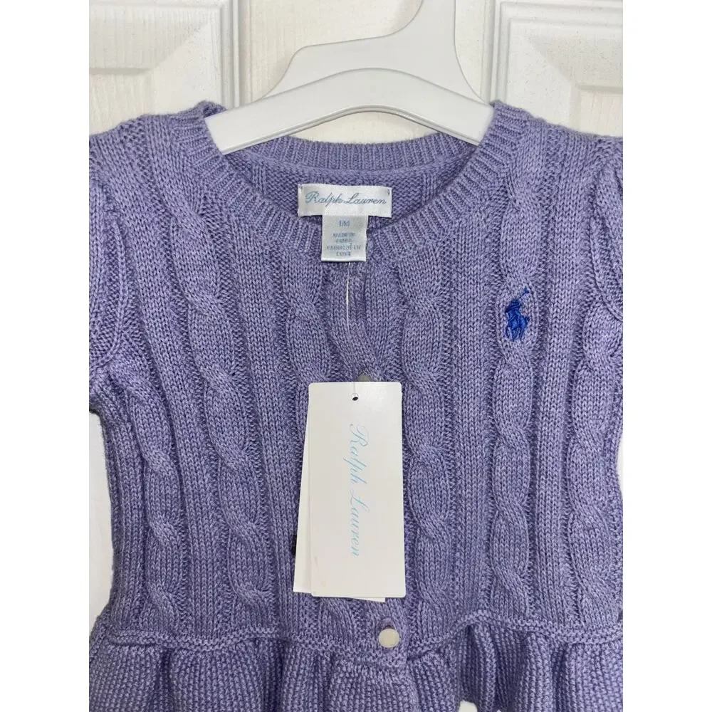NWT Ralph Lauren Baby Purple Cable Knit Cardigan 6M Ruffle Pony Cotton